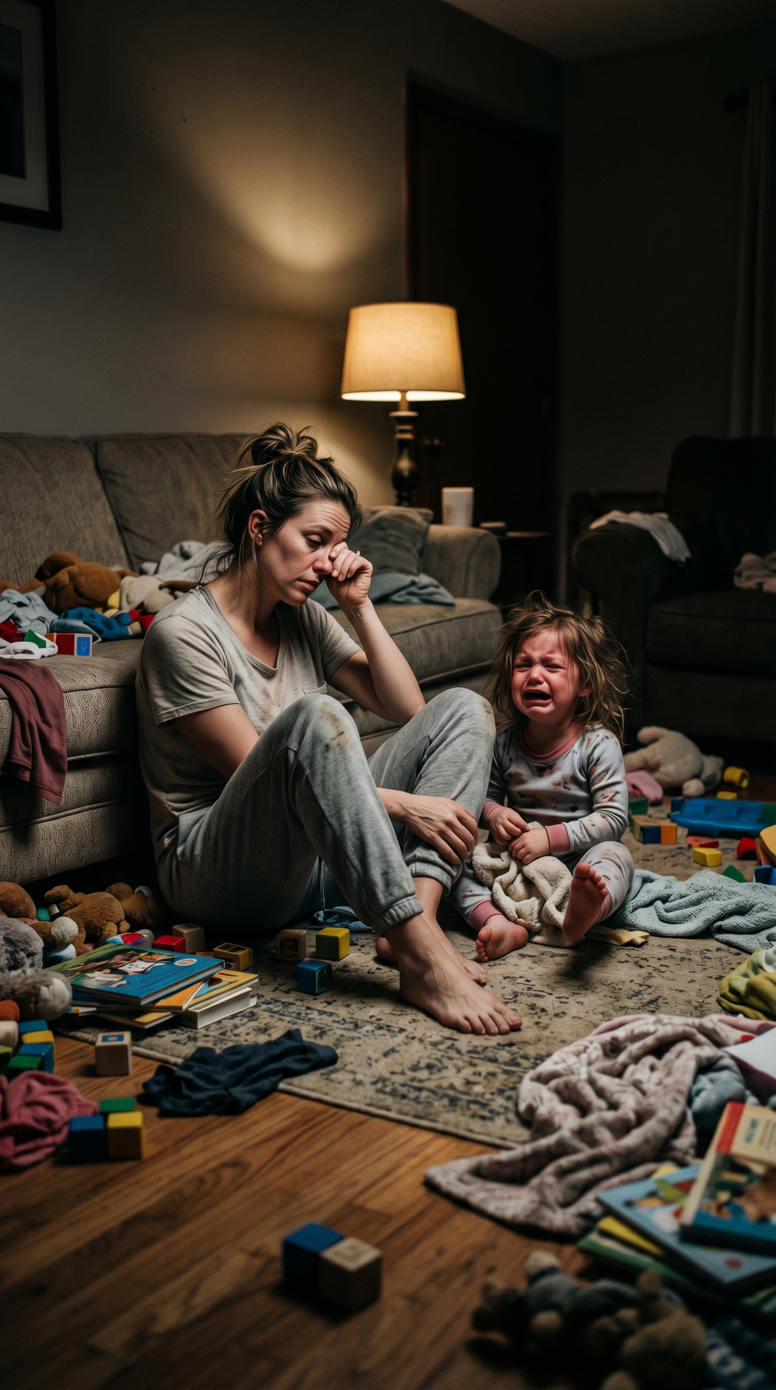 Mãe esgotada com filho chorando